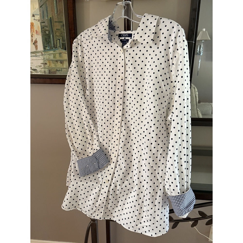 Chaps 2X No Iron Button Up Polka Dot Gingham Shirt Preppy flip cuff Cotton - Picture 7 of 15